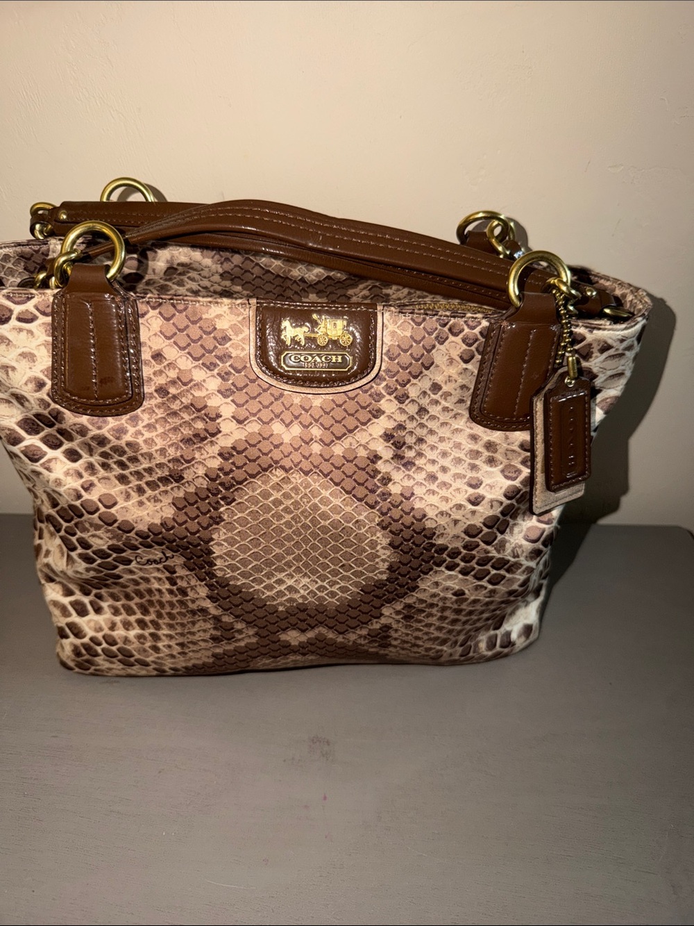 Coach Brown and Cream Snakeskin-Print Leather Tote